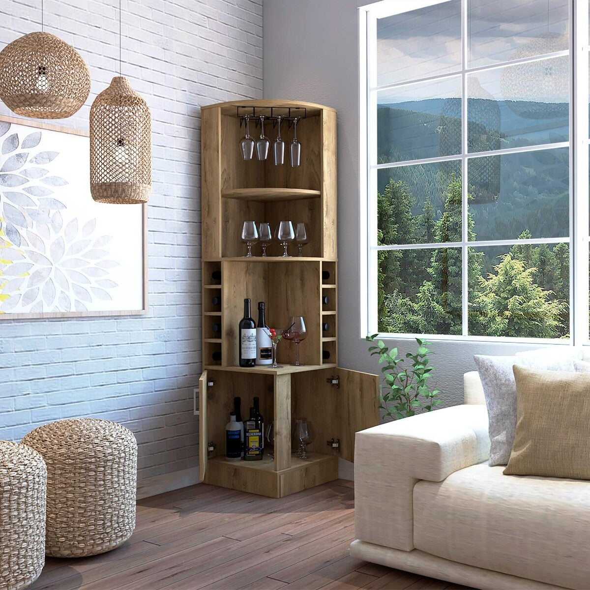 Syrah Corner Bar Cabinet, Double Door, Two Open Shelves