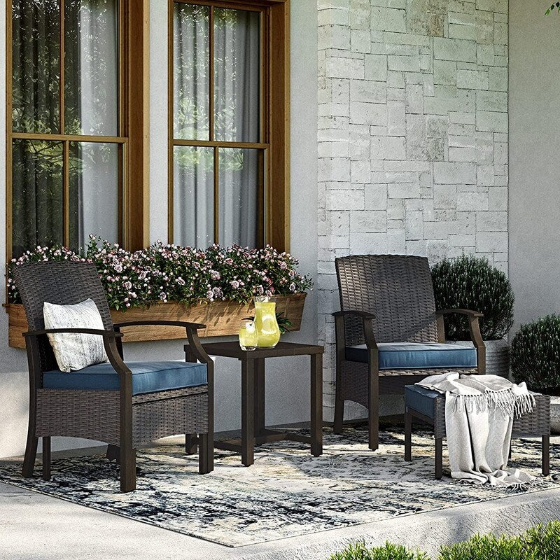 TAWSON Matching Side Table - 4 Piece Wicker Patio Bistro Set with Premium Fabric Cushions Ottoman Included