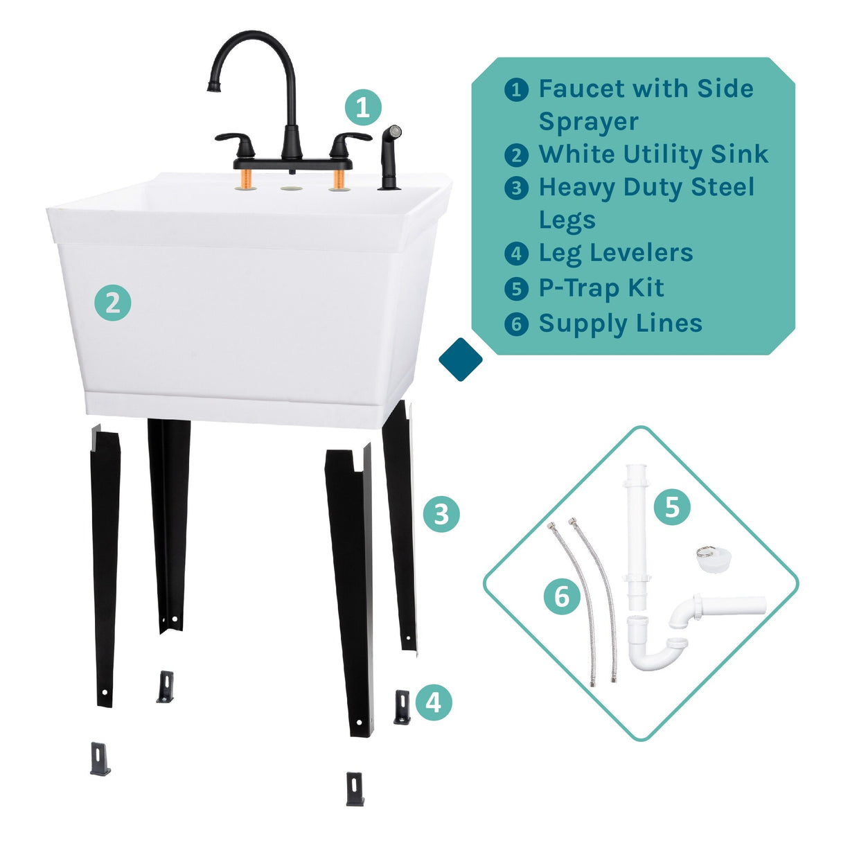 TEHILA Utility Sink Laundry Tub with Gooseneck Faucet and Side Sprayer