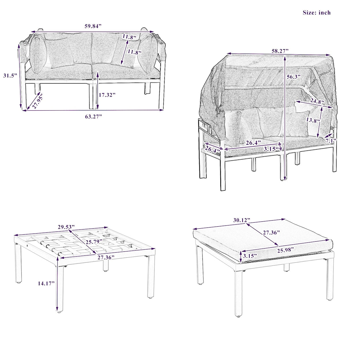 TOPMAX 3-Piece Patio Daybed with Outdoor Metal Sectional Sofa Set