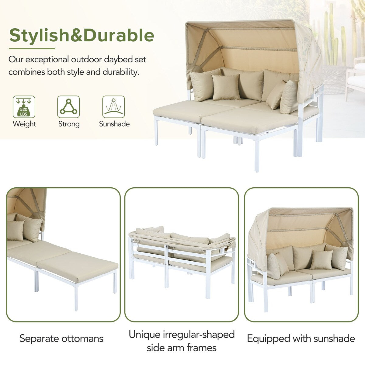 TOPMAX 3-Piece Patio Daybed with Outdoor Metal Sectional Sofa Set