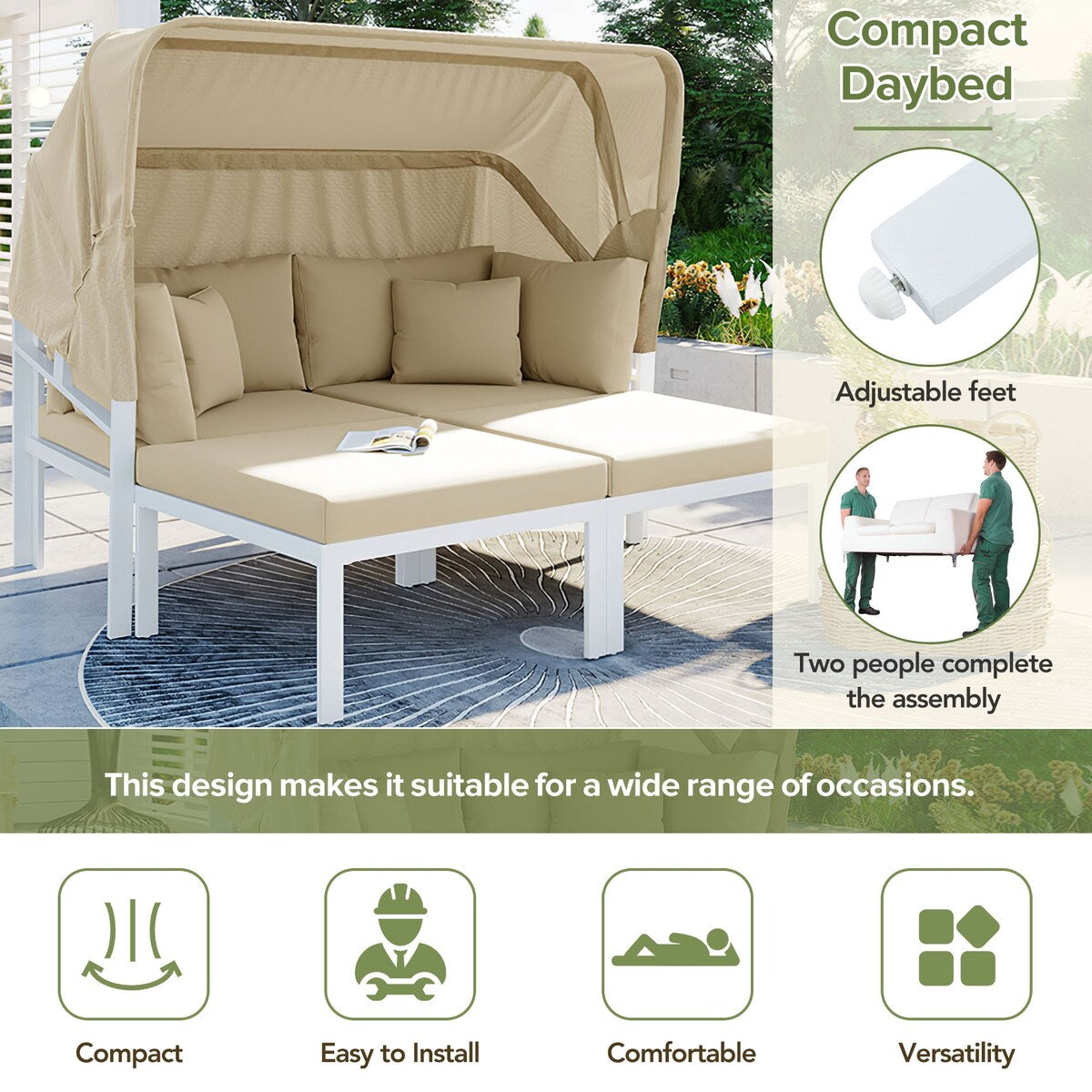 TOPMAX 3-Piece Patio Daybed with Outdoor Metal Sectional Sofa Set
