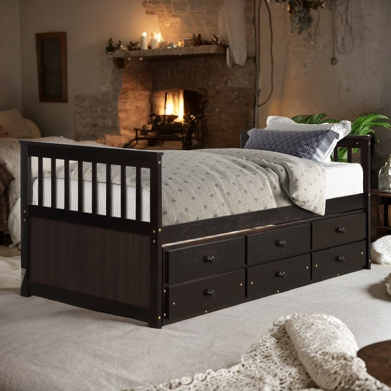 TOPMAX Captain's Bed Twin Daybed with Trundle Bed and Storage Drawers,Twin Bed Features Hideaway For Space Saving Purpose