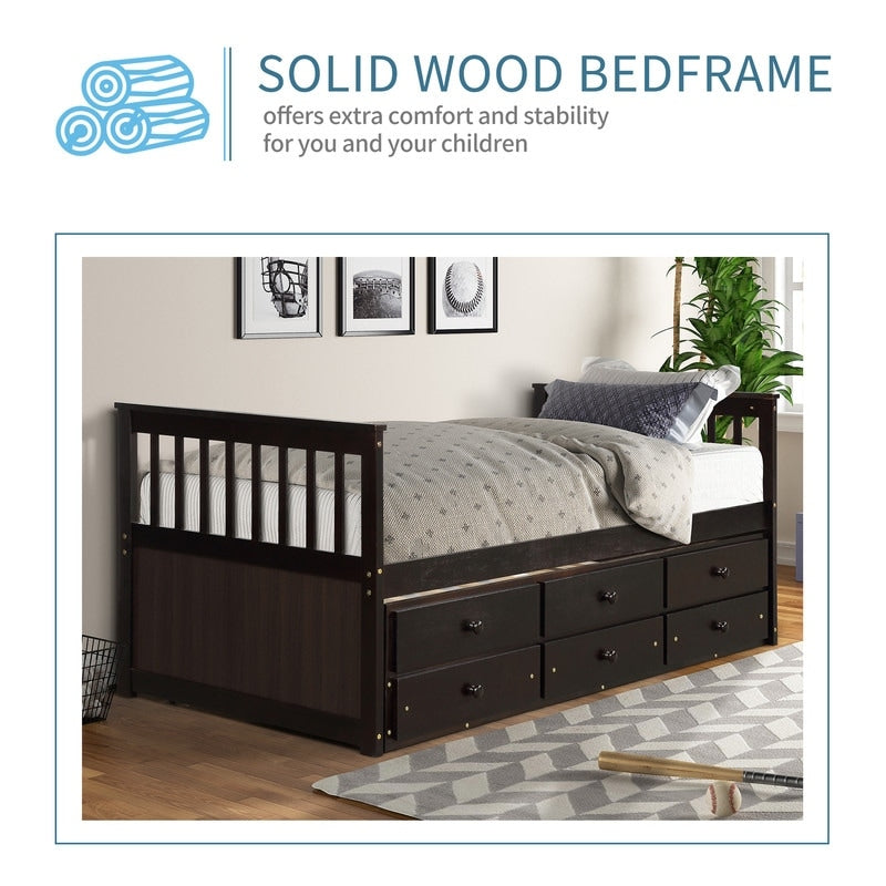 TOPMAX Captain's Bed Twin Daybed with Trundle Bed and Storage Drawers,Twin Bed Features Hideaway For Space Saving Purpose