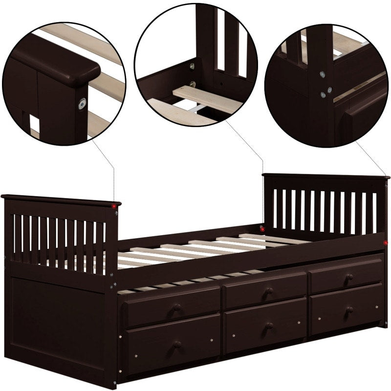 TOPMAX Captain's Bed Twin Daybed with Trundle Bed and Storage Drawers,Twin Bed Features Hideaway For Space Saving Purpose