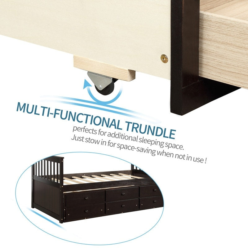 TOPMAX Captain's Bed Twin Daybed with Trundle Bed and Storage Drawers,Twin Bed Features Hideaway For Space Saving Purpose