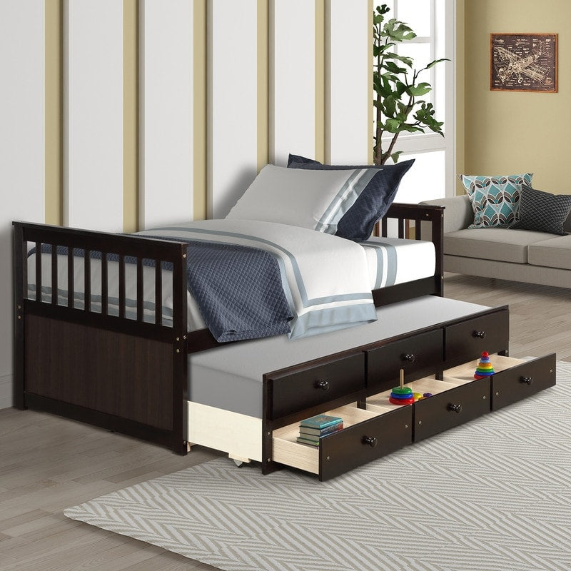 TOPMAX Captain's Bed Twin Daybed with Trundle Bed and Storage Drawers,Twin Bed Features Hideaway For Space Saving Purpose