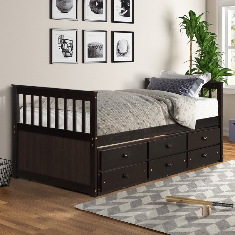 TOPMAX Captain's Bed Twin Daybed with Trundle Bed and Storage Drawers,Twin Bed Features Hideaway For Space Saving Purpose