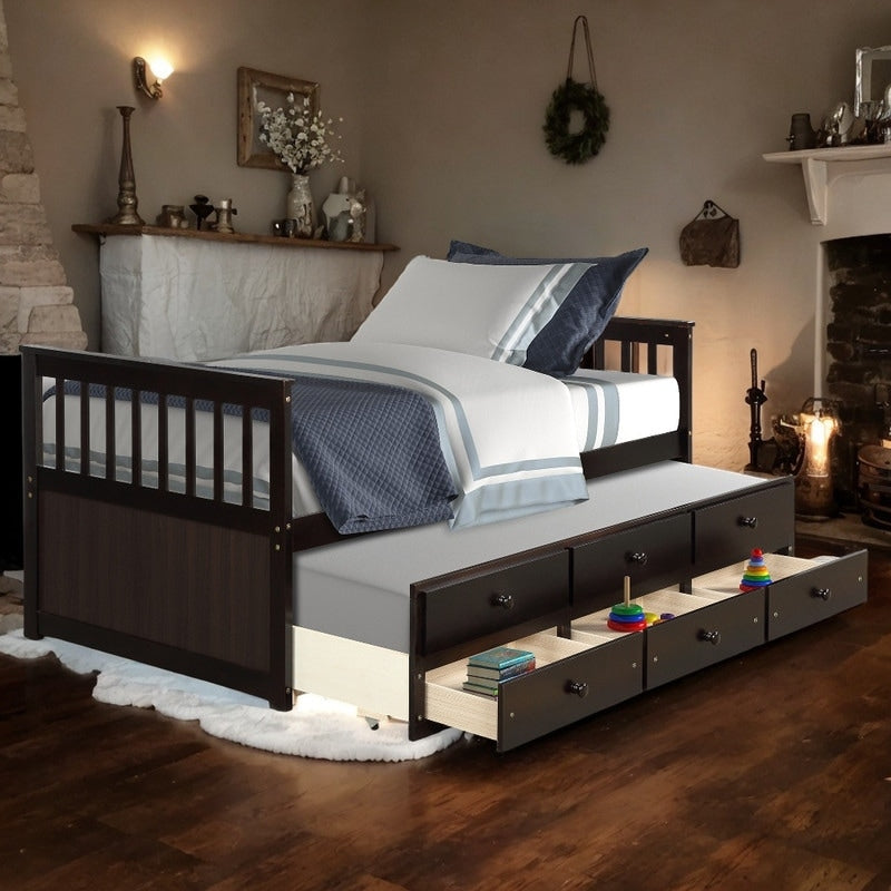 TOPMAX Captain's Bed Twin Daybed with Trundle Bed and Storage Drawers,Twin Bed Features Hideaway For Space Saving Purpose