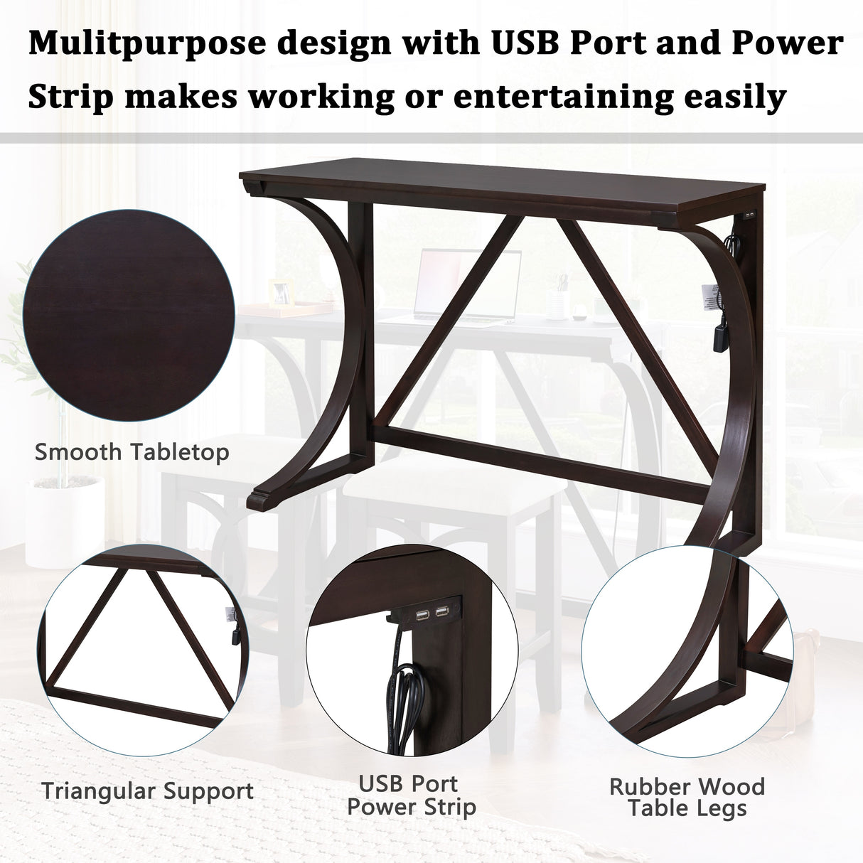 TOPMAX Farmhouse 3-Piece Counter Height Dining Table Set with USB Port