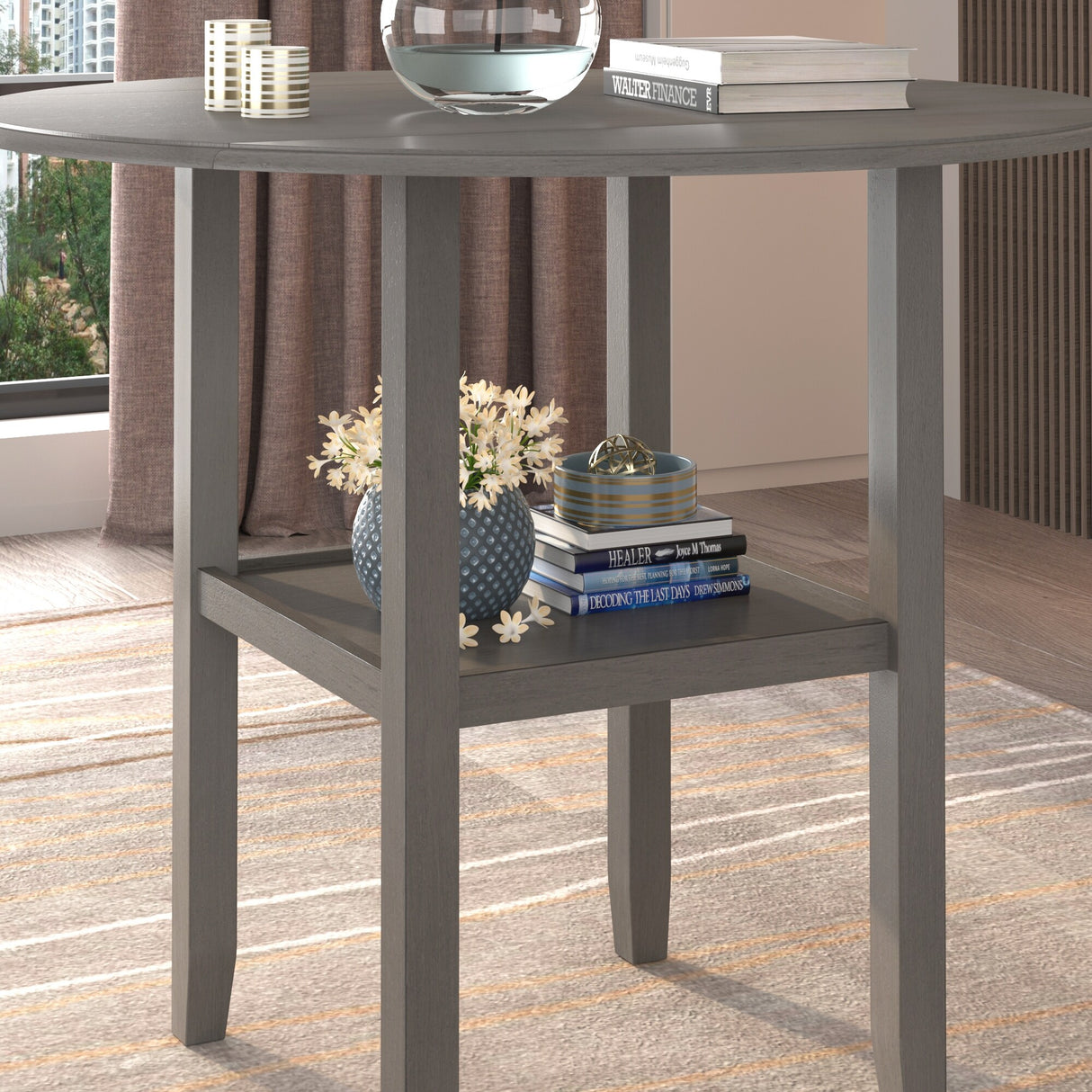 TOPMAX Farmhouse Round Counter Height Kitchen Dining Table with Drop Leaf and One Shelf for Small Places