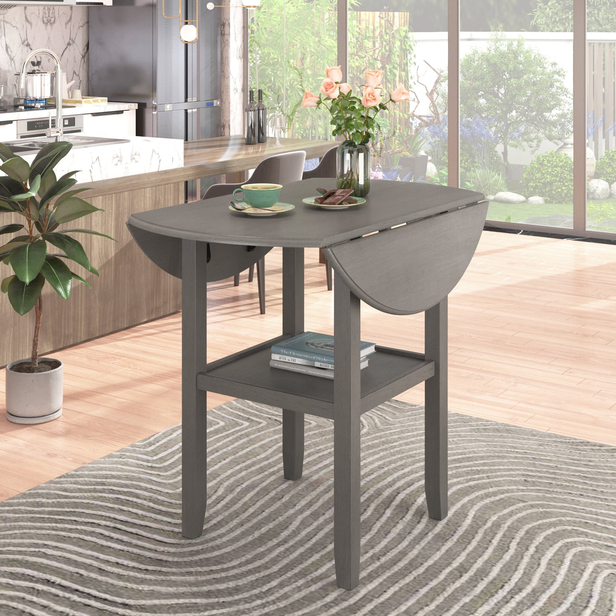 TOPMAX Farmhouse Round Counter Height Kitchen Dining Table with Drop Leaf and One Shelf for Small Places