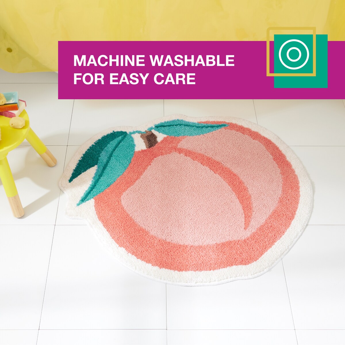 TOWN & COUNTRY PLAY Peachy Clean Peach Fruit Shaped Bath Mat, Absorbent Tufted Floor Mat, Non-Slip Backing, Machine Washable