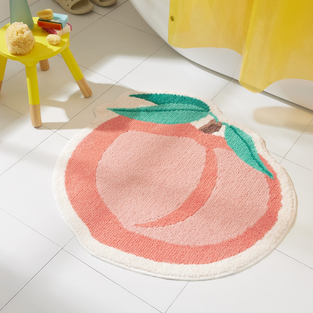 TOWN & COUNTRY PLAY Peachy Clean Peach Fruit Shaped Bath Mat, Absorbent Tufted Floor Mat, Non-Slip Backing, Machine Washable