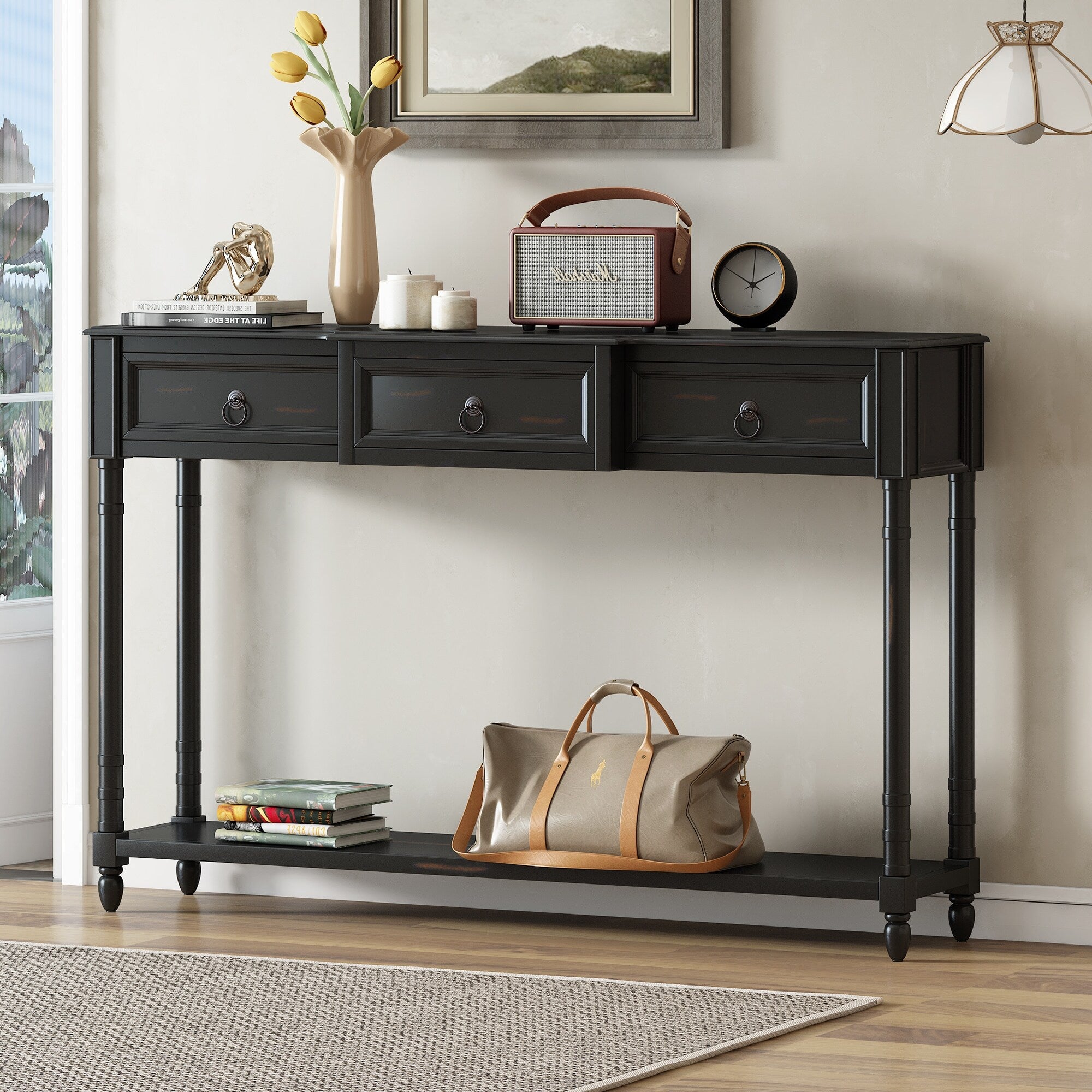 Black 3 drawer console table sales