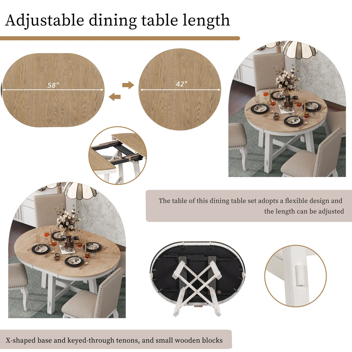 TREXM Farmhouse Round Extendable Dining Table with 16" Leaf Wood Kitchen Table