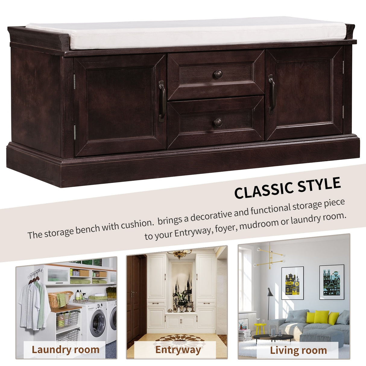 TREXM Storage Bench with Drawers and Cabinets