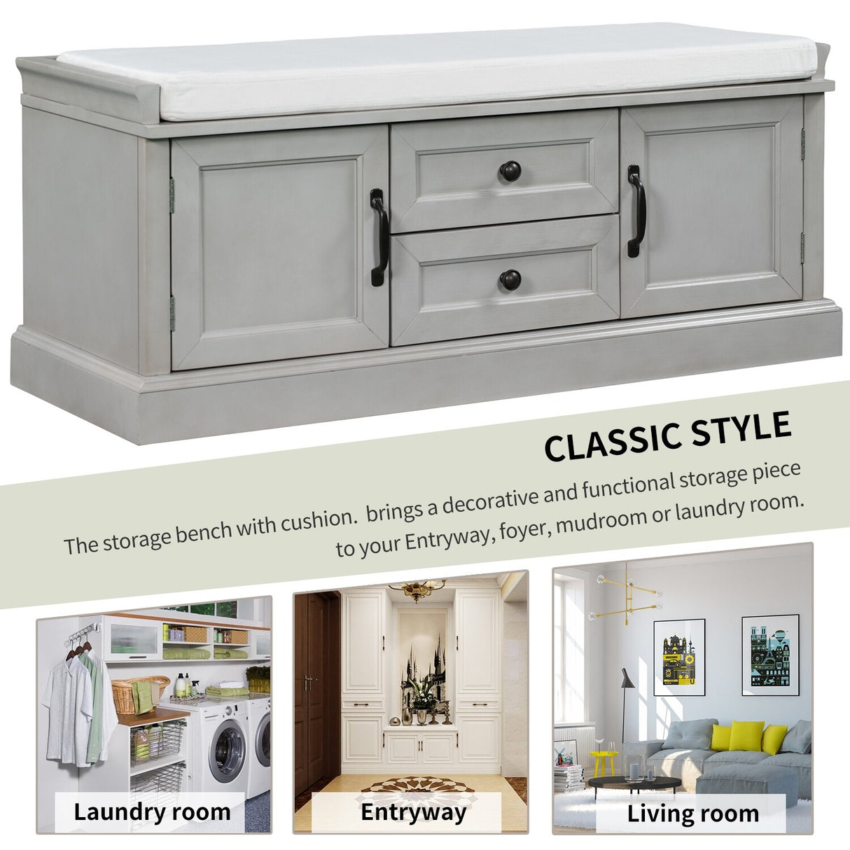 TREXM Storage Bench with Drawers and Cabinets