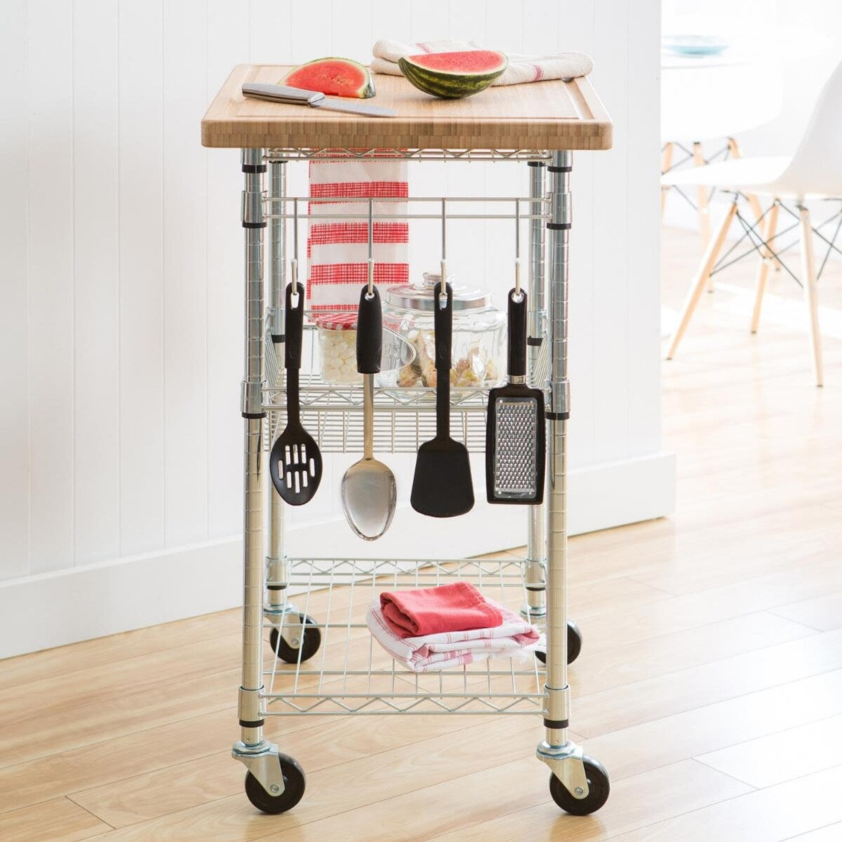 TRINITY EcoStorage® Bamboo Kitchen Cart, Chrome