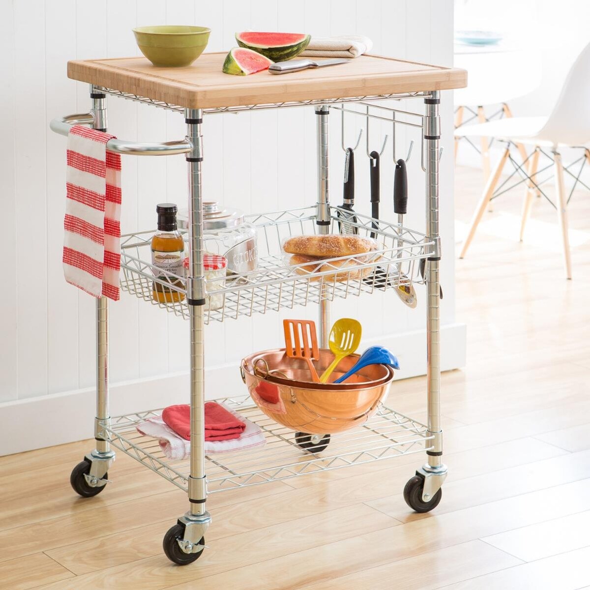 TRINITY EcoStorage® Bamboo Kitchen Cart, Chrome