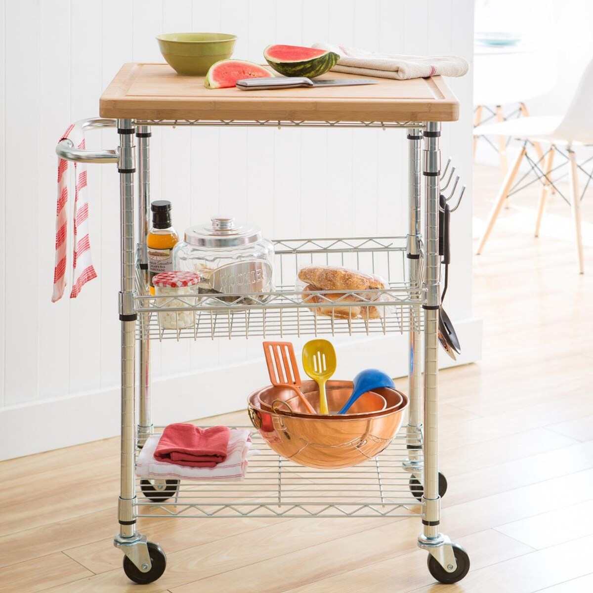 TRINITY EcoStorage® Bamboo Kitchen Cart, Chrome