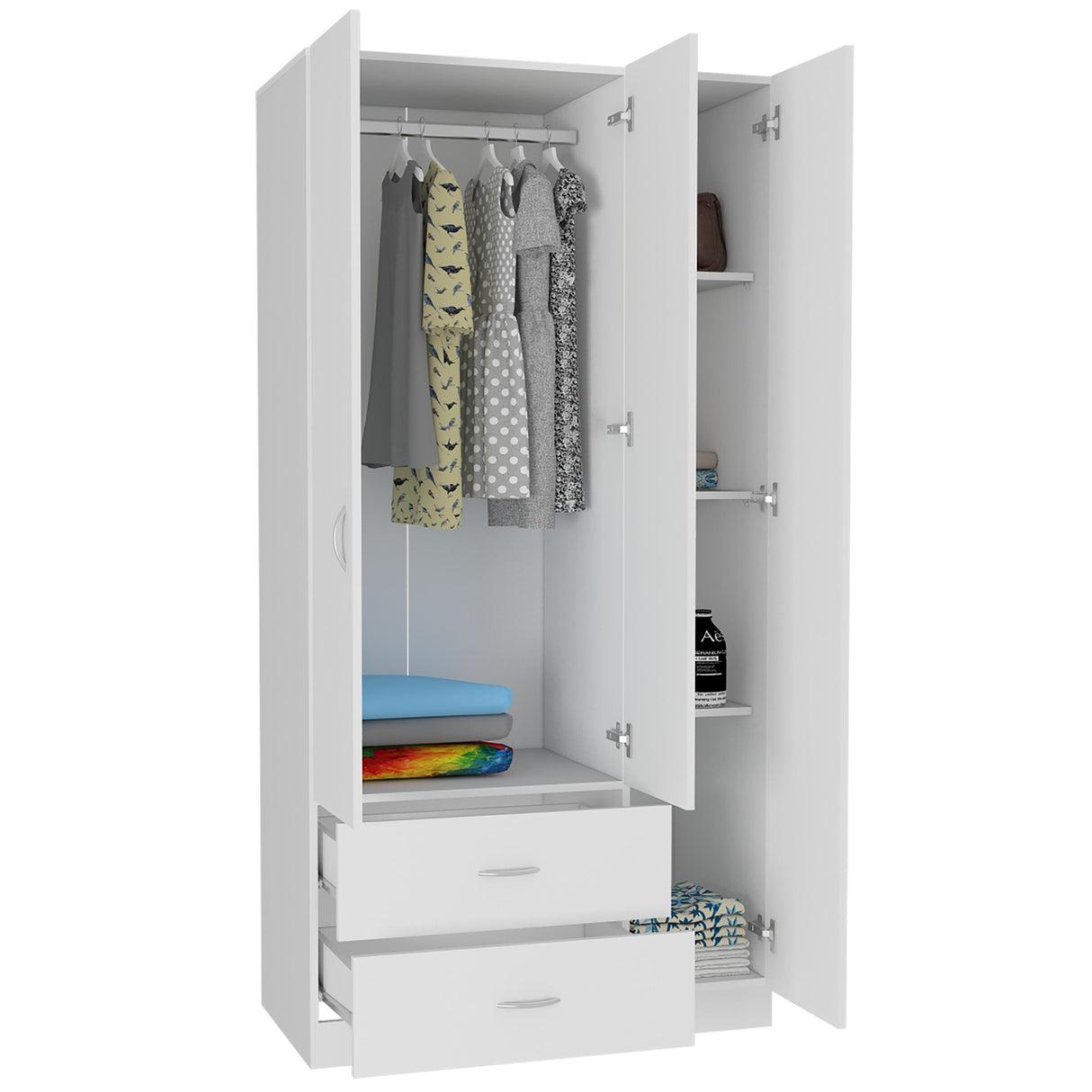 TUHOME Austral 3 Door Armoire with Drawers, Shelves, and Hanging Rod - N/A