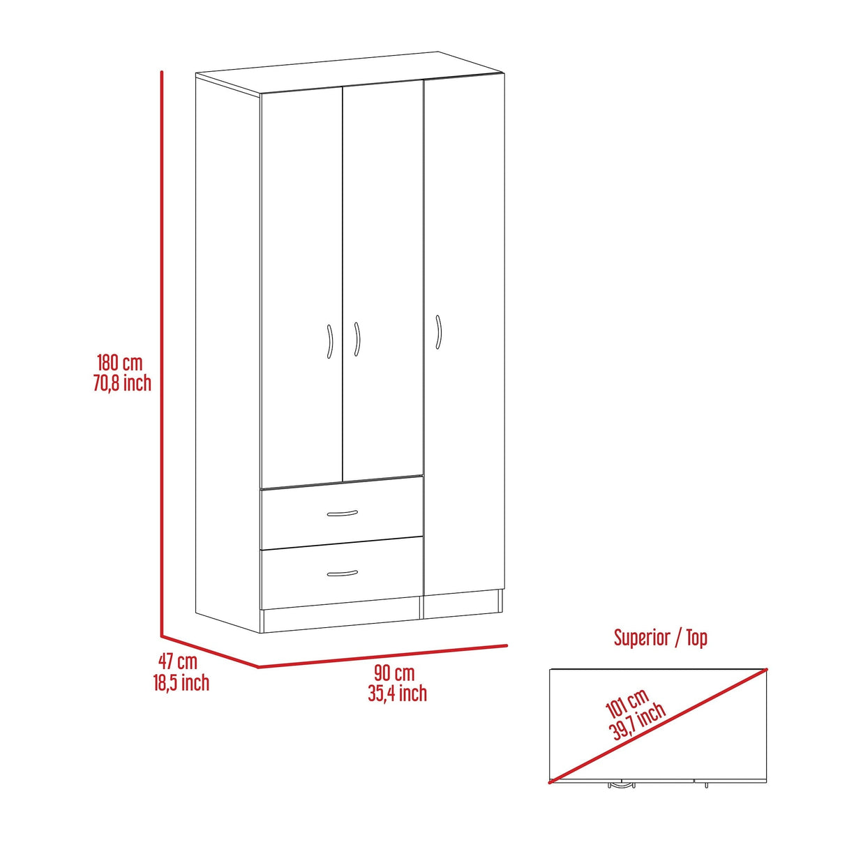 TUHOME Austral 3 Door Armoire with Drawers, Shelves, and Hanging Rod - N/A