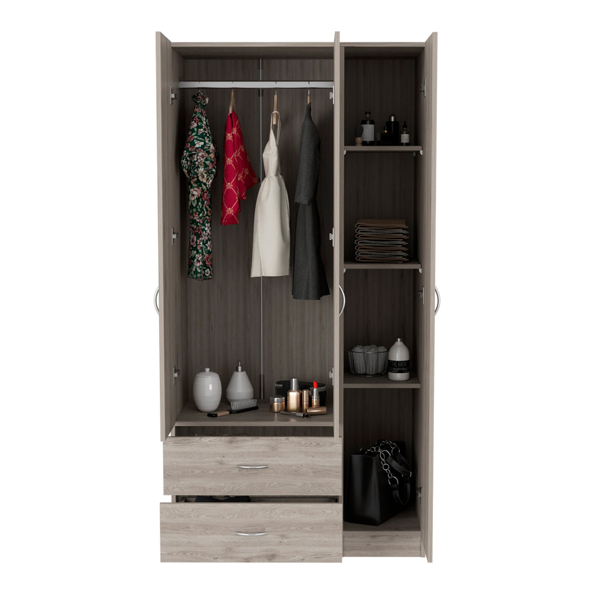 TUHOME Austral 3 Door Armoire with Drawers, Shelves, and Hanging Rod - N/A