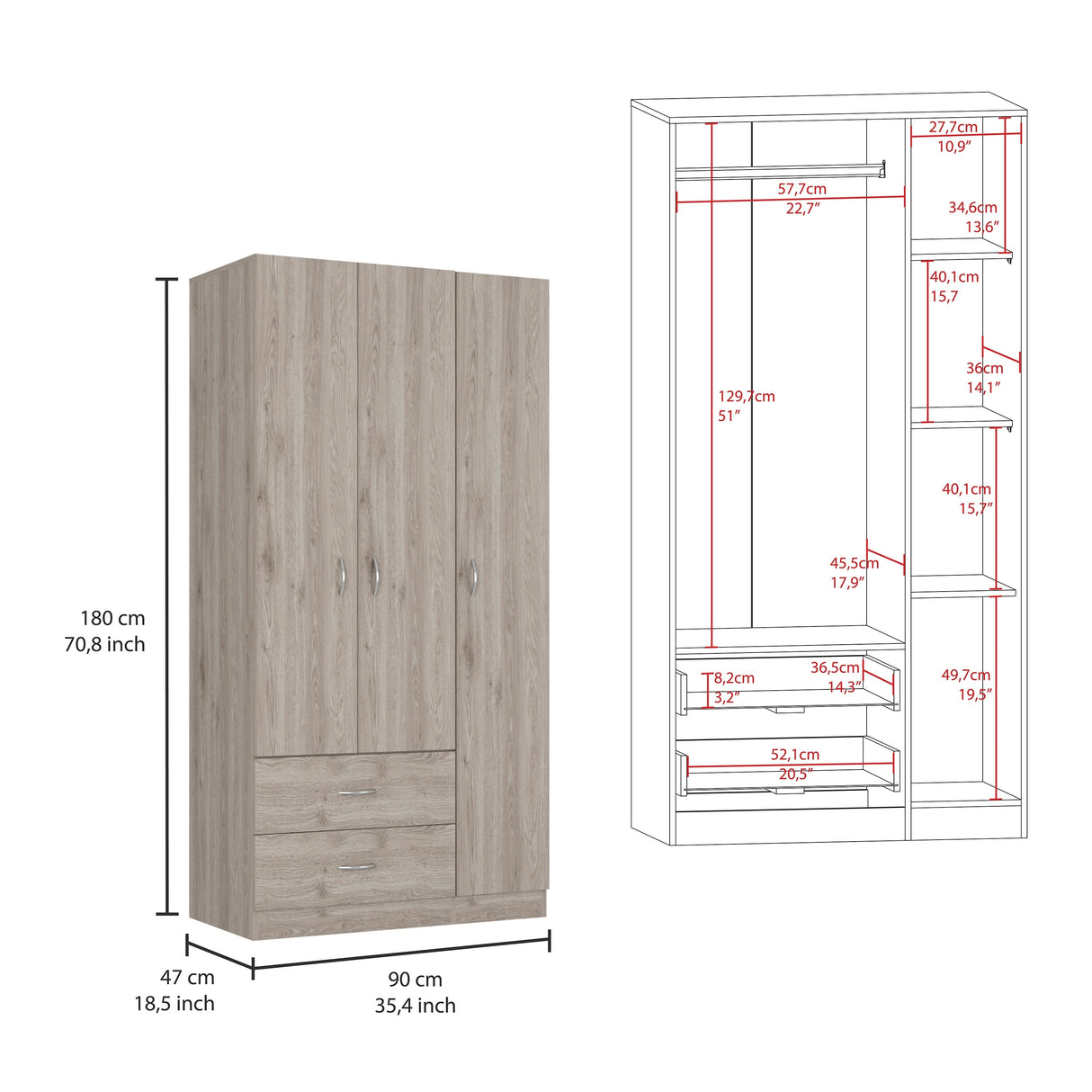 TUHOME Austral 3 Door Armoire with Drawers, Shelves, and Hanging Rod - N/A