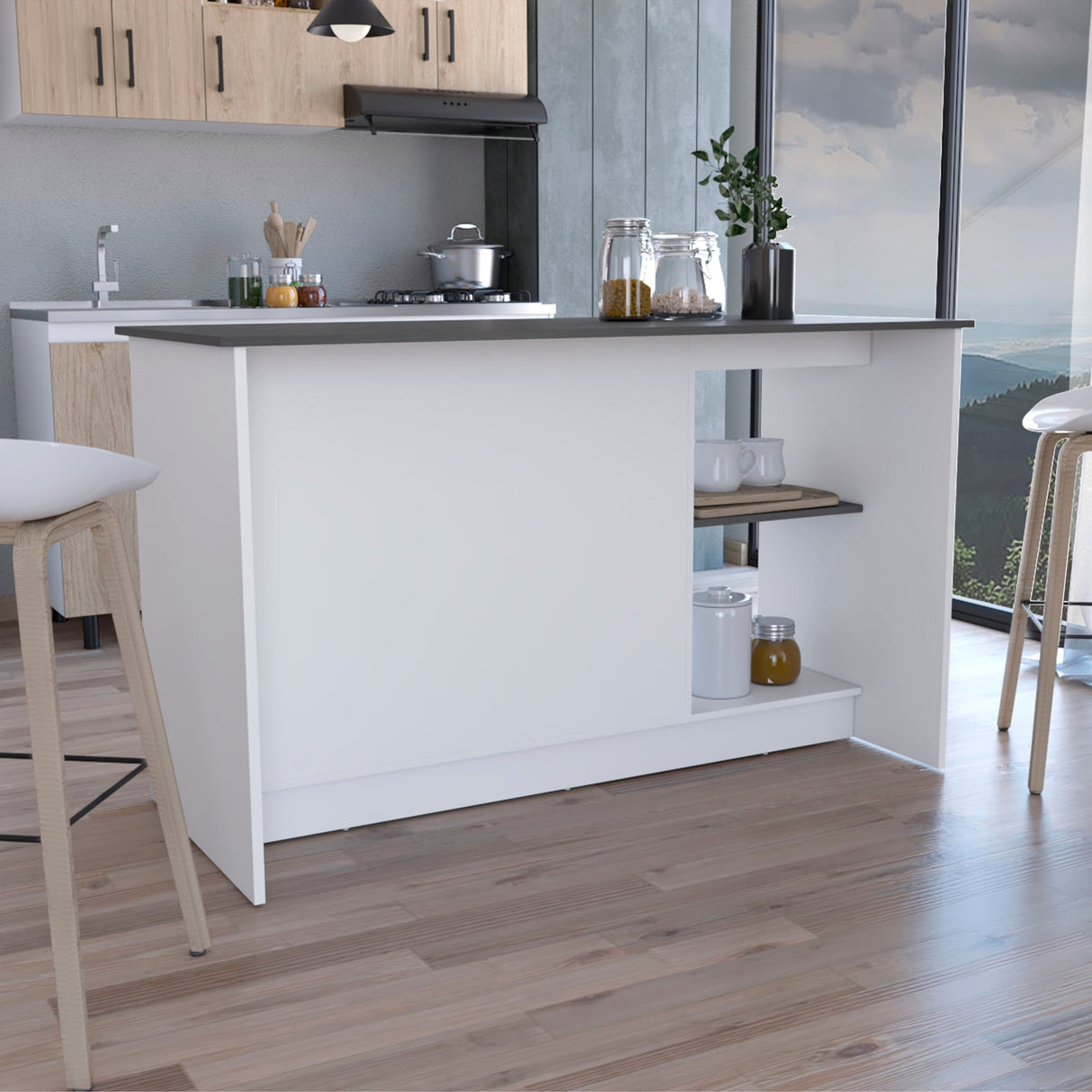 TUHOME Juniper Kitchen Island with Large Top Surface, Double Door Cabinet, and Open Shelves