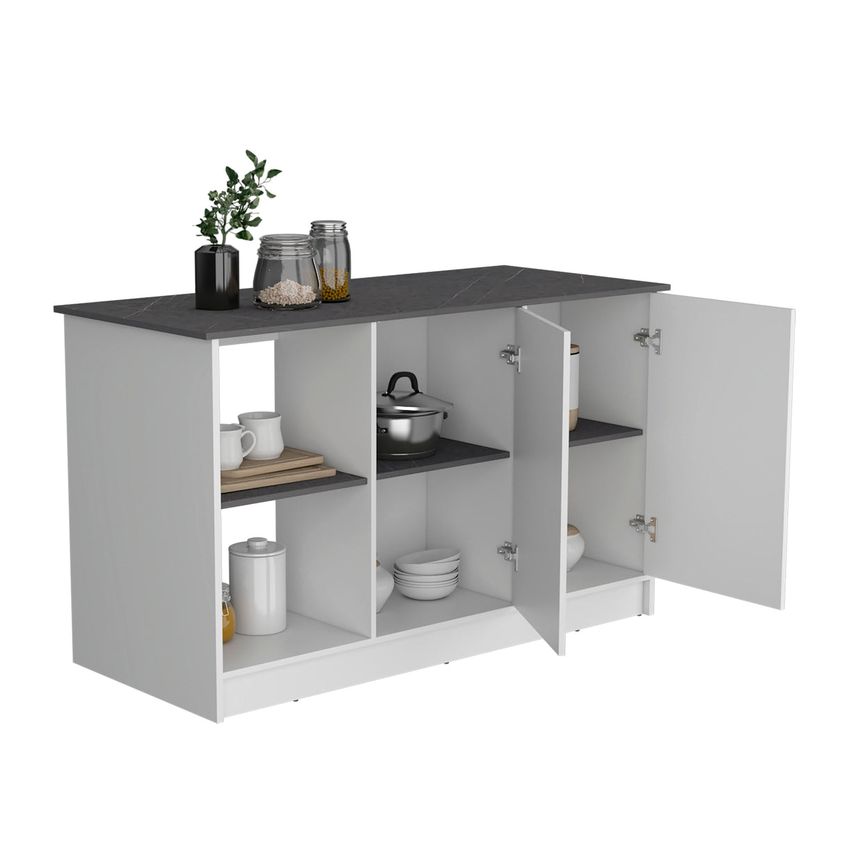 TUHOME Juniper Kitchen Island with Large Top Surface, Double Door Cabinet, and Open Shelves