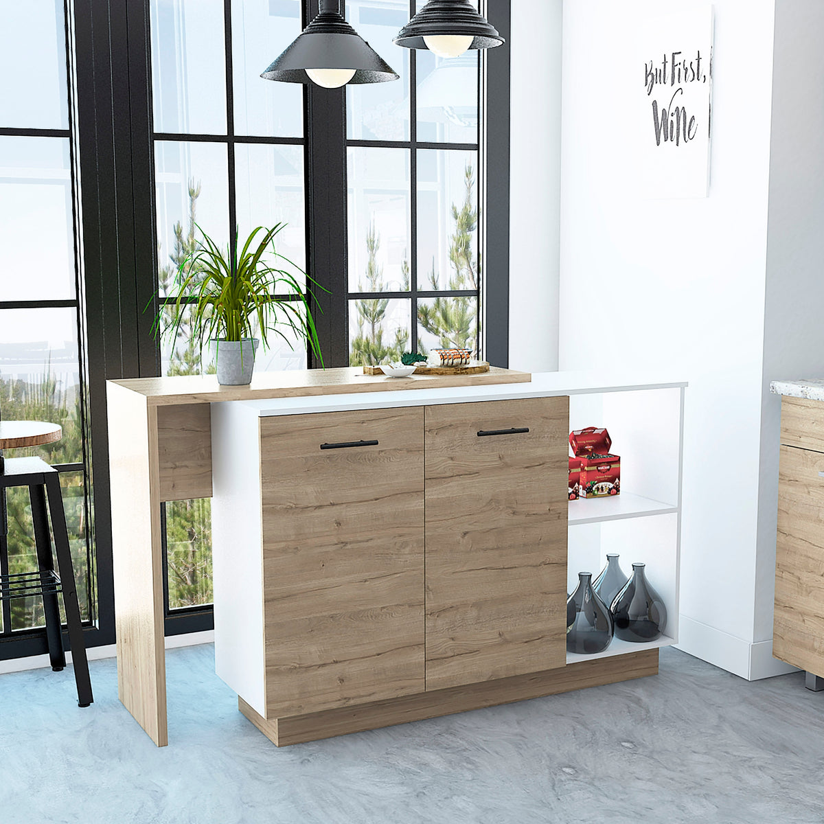 TUHOME Sicilia Kitchen Island with 2 Open Shelves, Double Door Cabinet