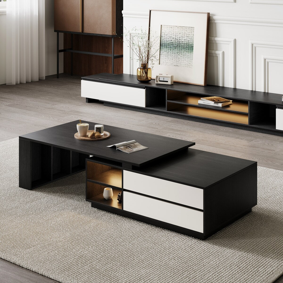 TV Stand and Coffee Table Set of 2, TV Stand for TVs Up to 78'', Rectangle Coffee Table for Living Room - 78.74'' to 98.42''