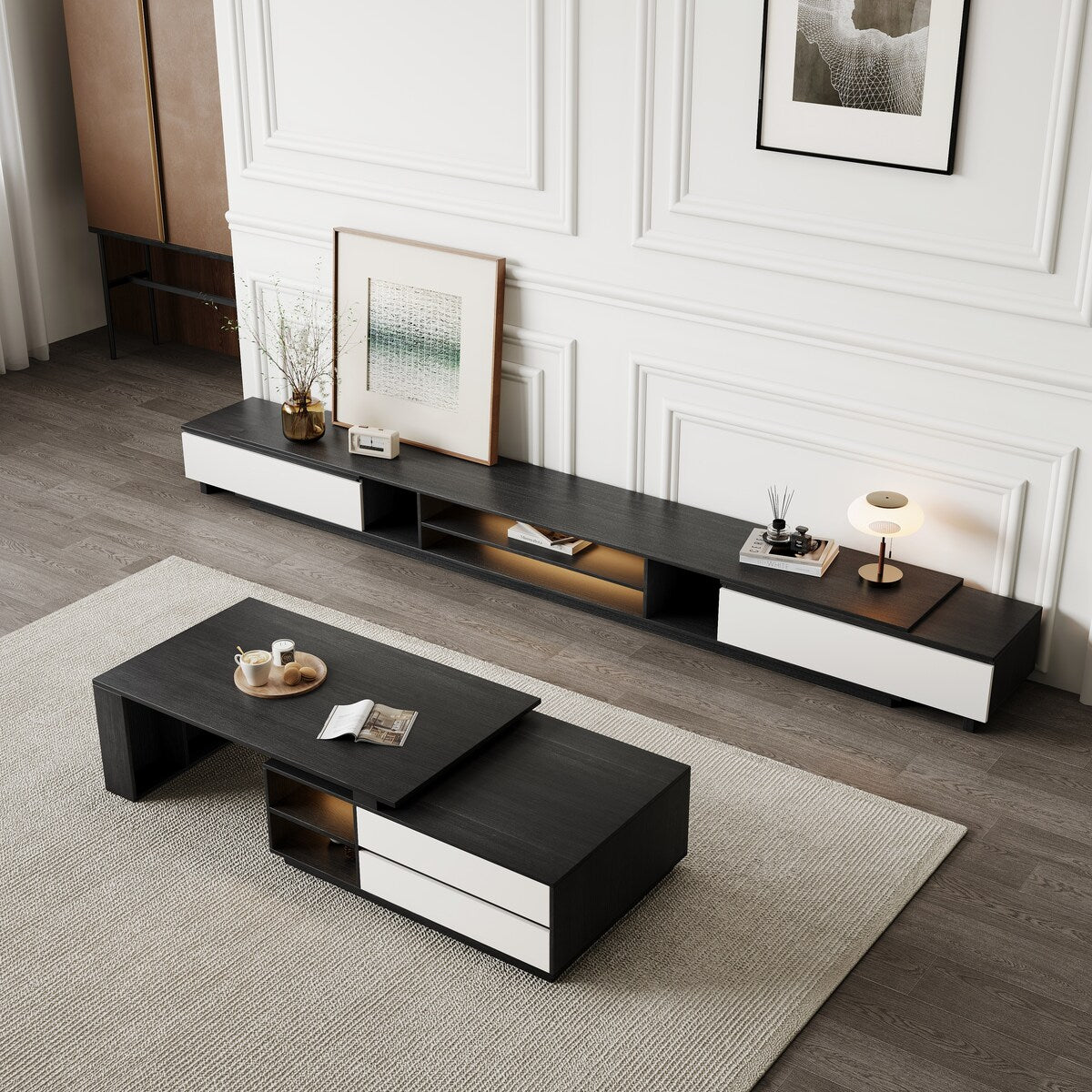 TV Stand and Coffee Table Set of 2, TV Stand for TVs Up to 78'', Rectangle Coffee Table for Living Room - 78.74'' to 98.42''