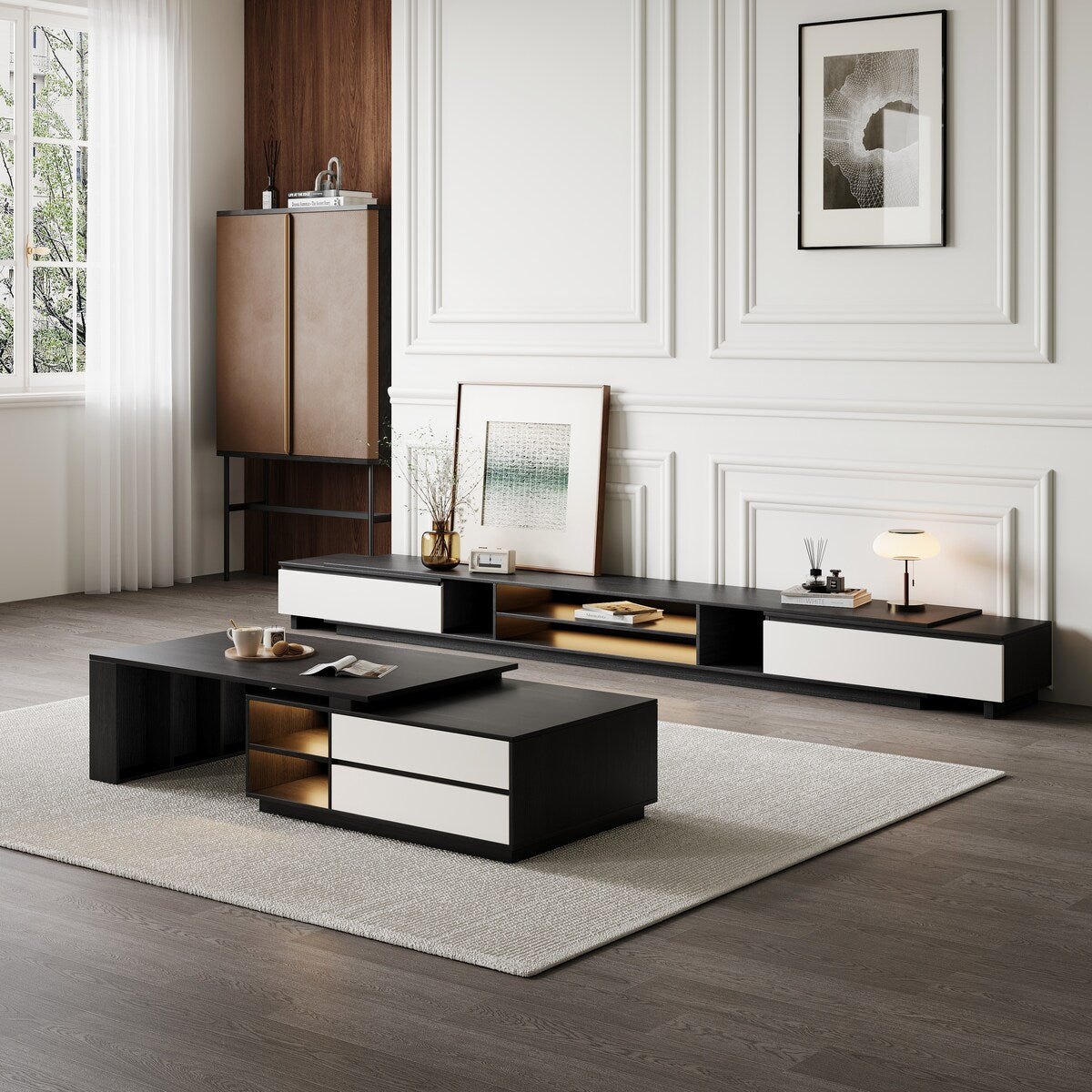 TV Stand and Coffee Table Set of 2, TV Stand for TVs Up to 78'', Rectangle Coffee Table for Living Room - 78.74'' to 98.42''