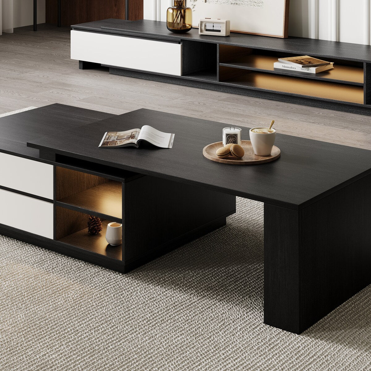 TV Stand and Coffee Table Set of 2, TV Stand for TVs Up to 78'', Rectangle Coffee Table for Living Room - 78.74'' to 98.42''