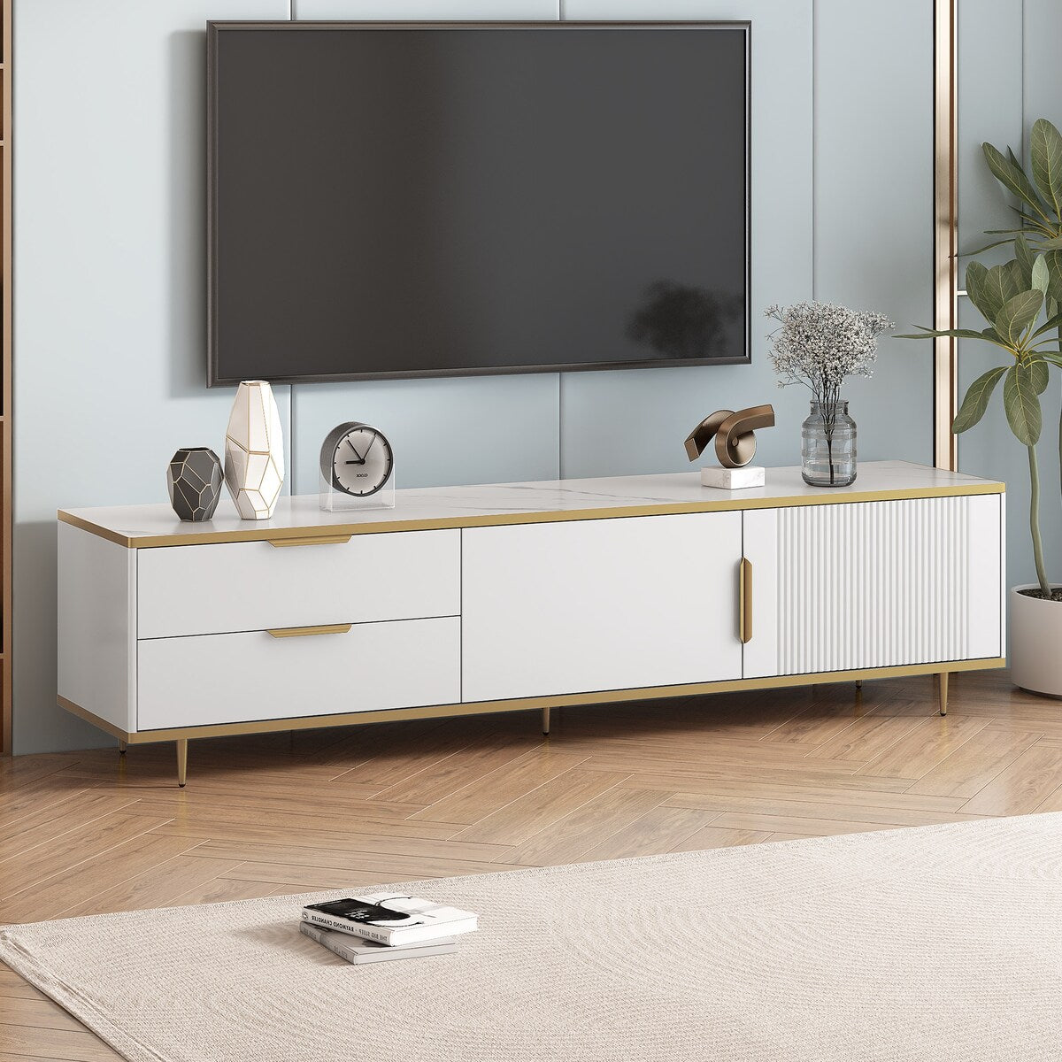 TV Stand for 65+ Inch, Entertainment Center TV Media Console Table,with 2 Drawers and 2 Cabinets, TV Console Cabinet Furniture