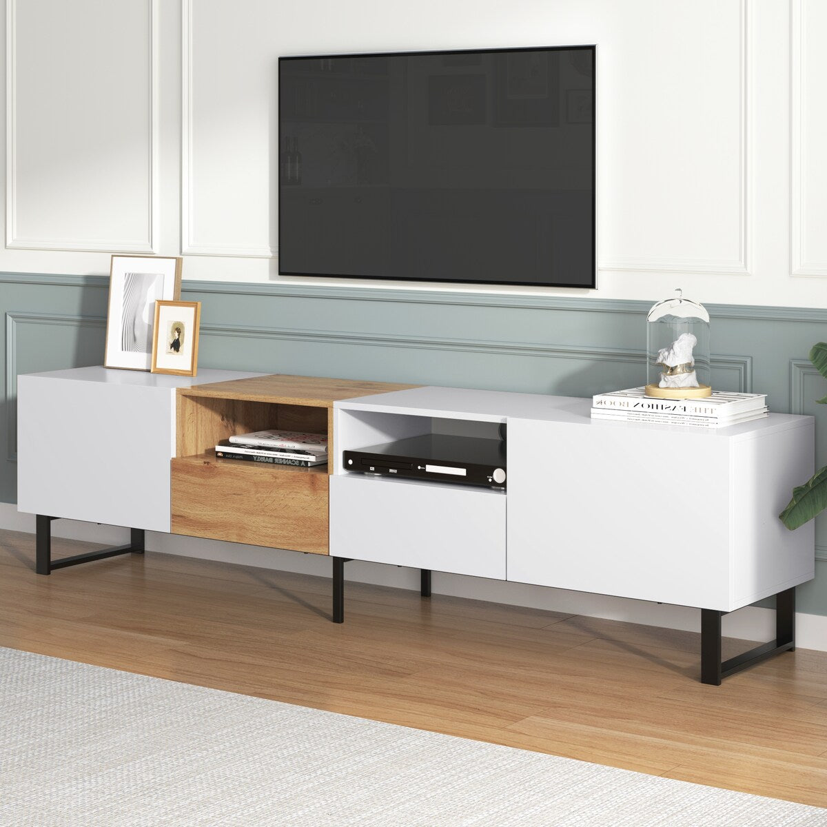 TV Stand with 2 Cabinets and Open Storage Compartment,Media Console Table with Drop Down Door for TVs up to 85"