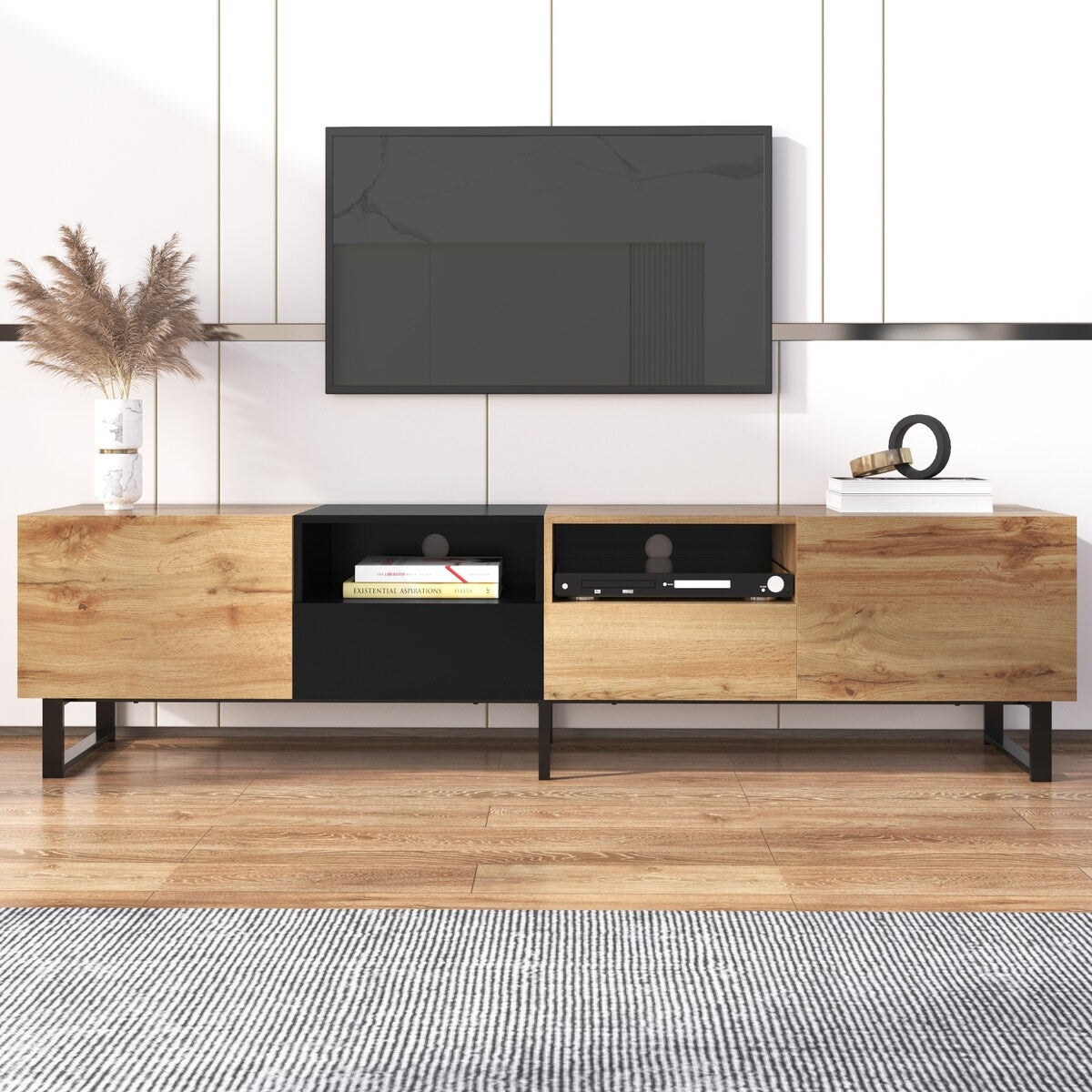 TV Stand with 2 Cabinets and Open Storage Compartment,Media Console Table with Drop Down Door for TVs up to 85"