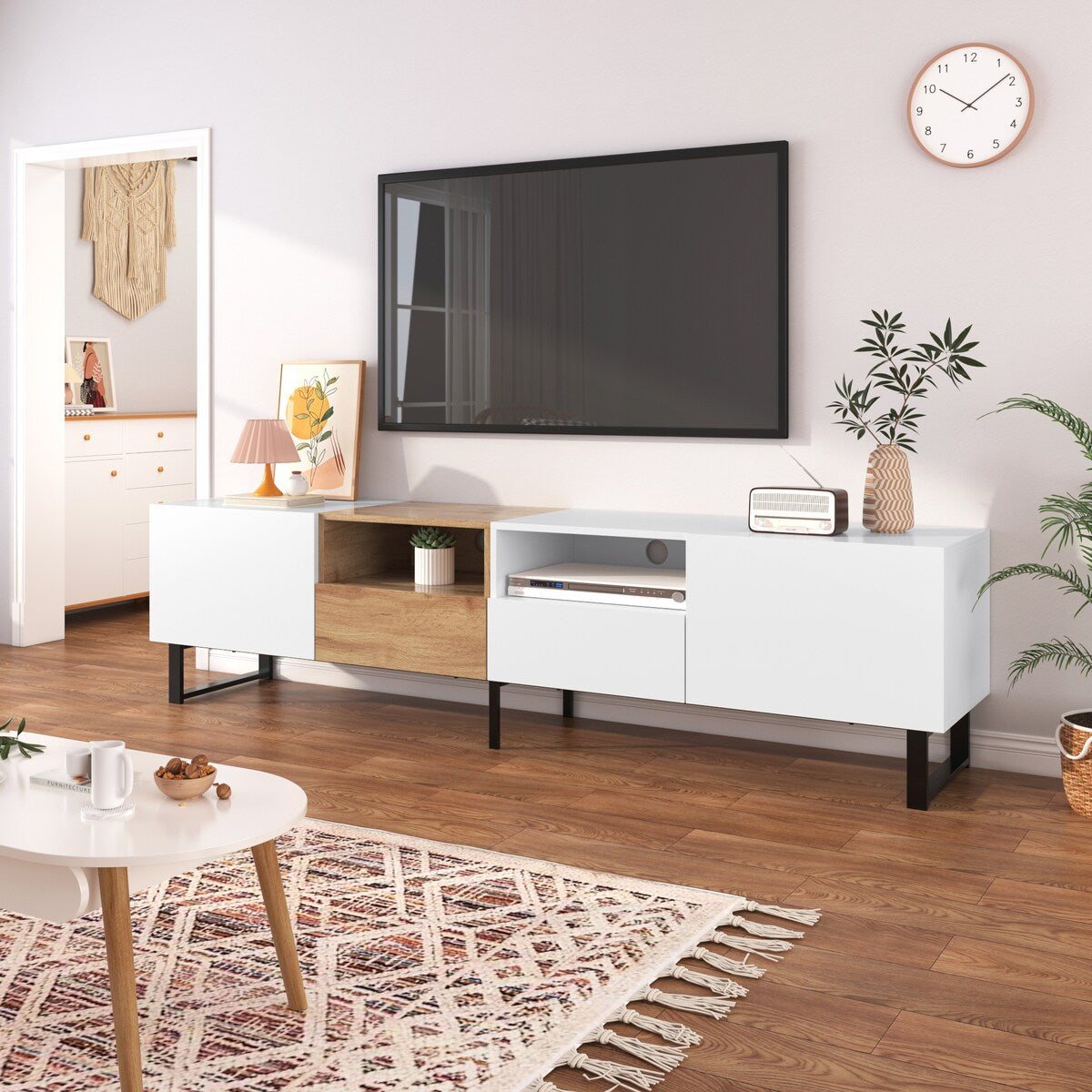 TV Stand with 2 Cabinets and Open Storage Compartment,Media Console Table with Drop Down Door for TVs up to 85"