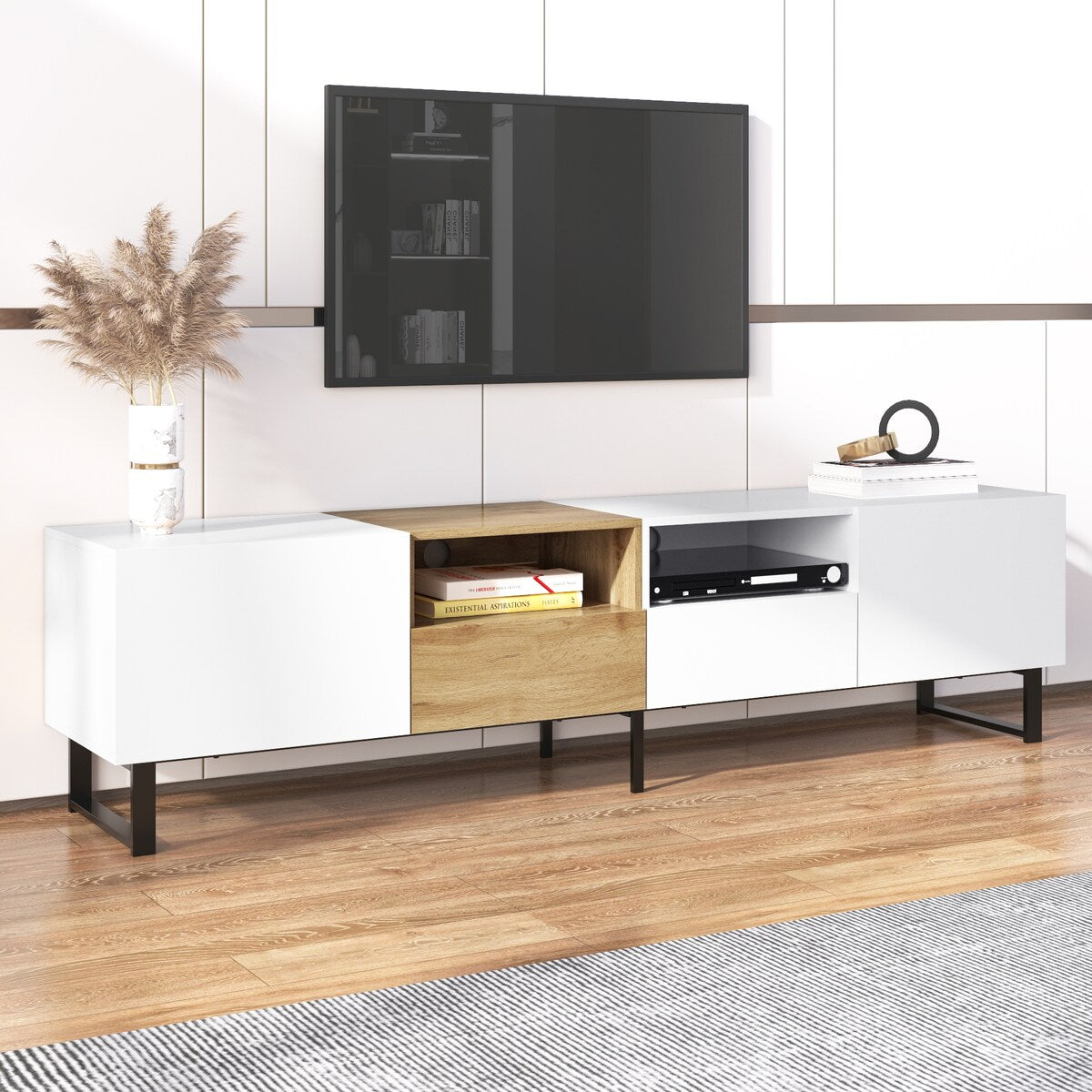 TV Stand with 2 Cabinets and Open Storage Compartment,Media Console Table with Drop Down Door for TVs up to 85"