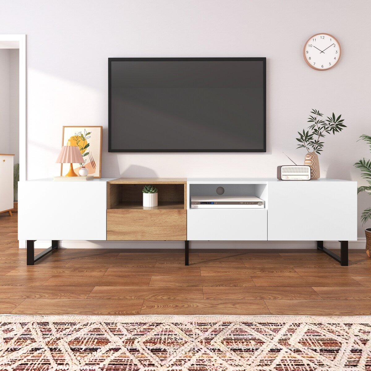 TV Stand with 2 Cabinets and Open Storage Compartment,Media Console Table with Drop Down Door for TVs up to 85"