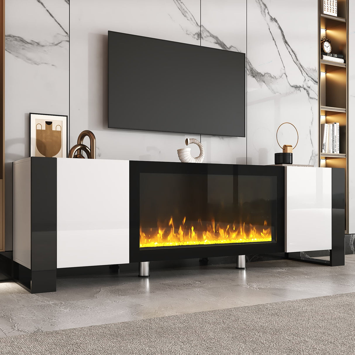 TV Stand with 34.2" Non-heating Electric Fireplace, Entertainment Center with Cabinets, Media Console for TVs up to 78"