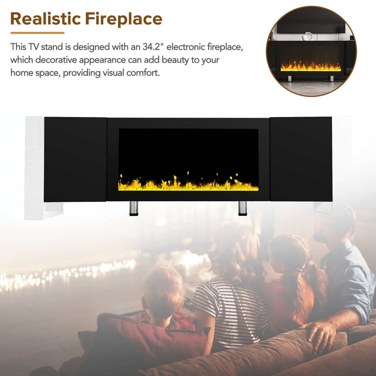TV Stand with 34.2" Non-heating Electric Fireplace, Entertainment Center with Cabinets, Media Console for TVs up to 78"