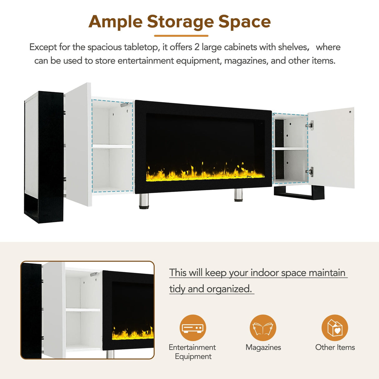 TV Stand with 34.2" Non-heating Electric Fireplace, Entertainment Center with Cabinets, Media Console for TVs up to 78"
