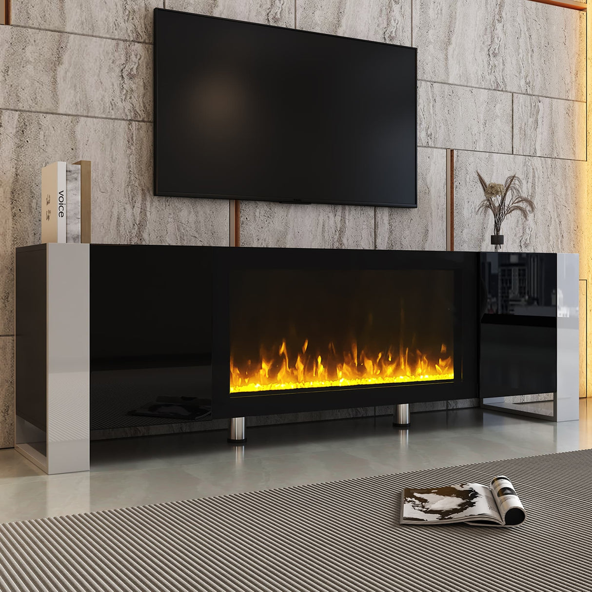 TV Stand with 34.2" Non-heating Electric Fireplace, Entertainment Center with Cabinets, Media Console for TVs up to 78"