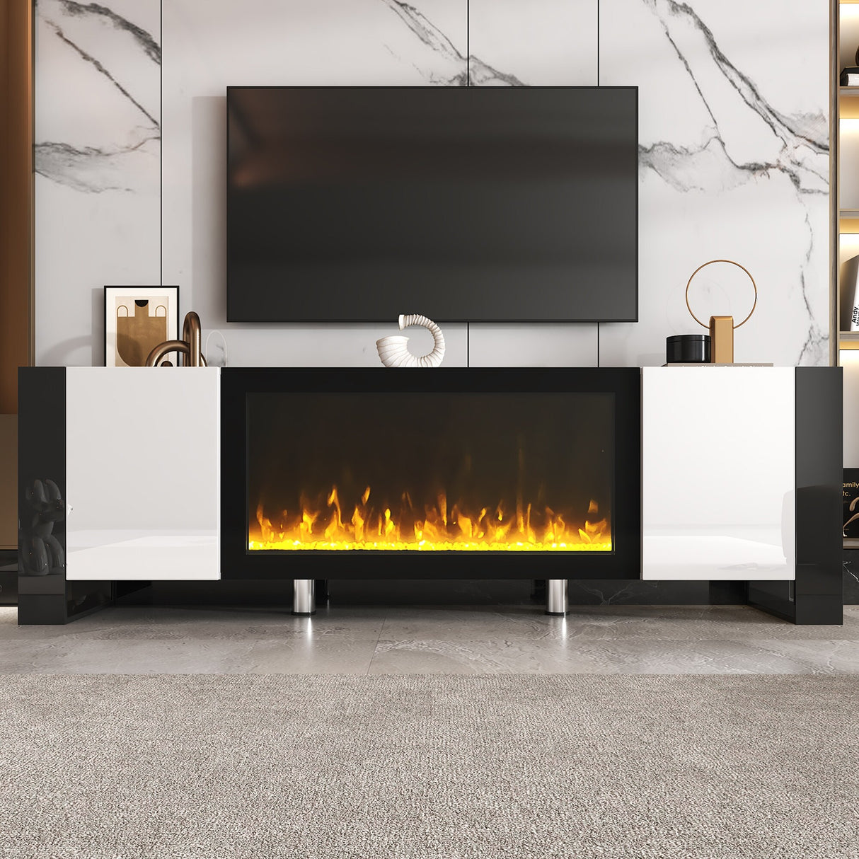TV Stand with 34.2" Non-heating Electric Fireplace, Entertainment Center with Cabinets, Media Console for TVs up to 78"
