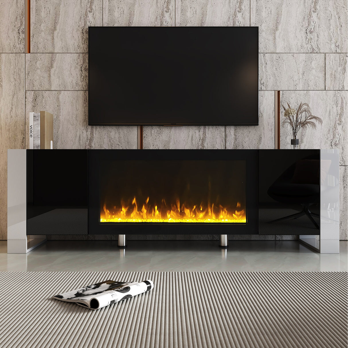 TV Stand with 34.2" Non-heating Electric Fireplace, Entertainment Center with Cabinets, Media Console for TVs up to 78"