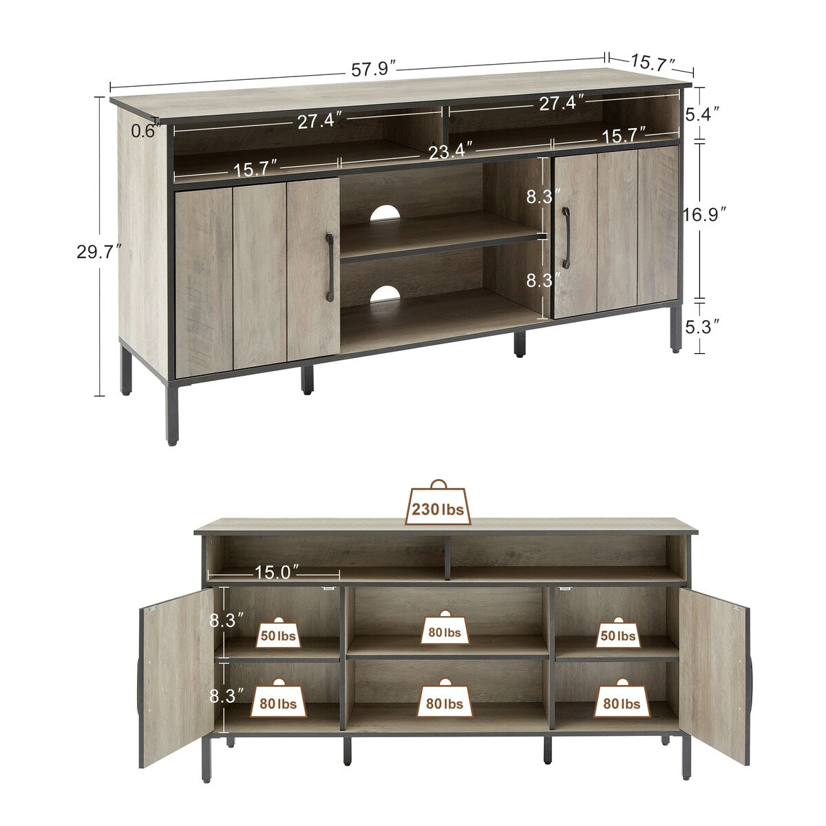TV stand and media entertainment center console with open shelving and two storage cabinets