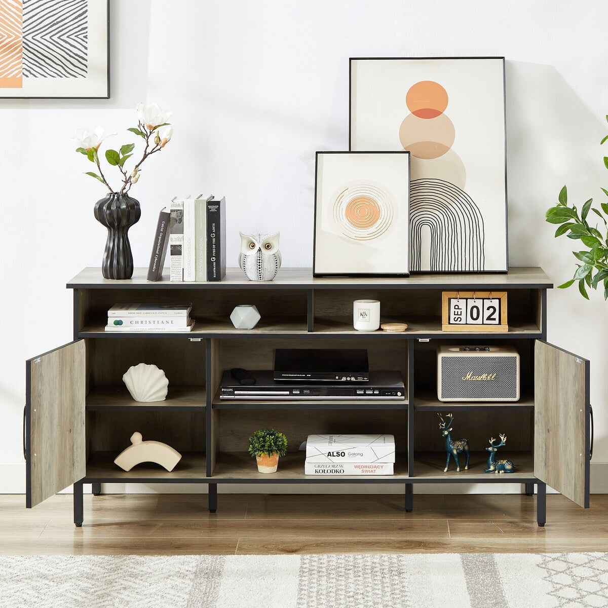 TV stand and media entertainment center console with open shelving and two storage cabinets